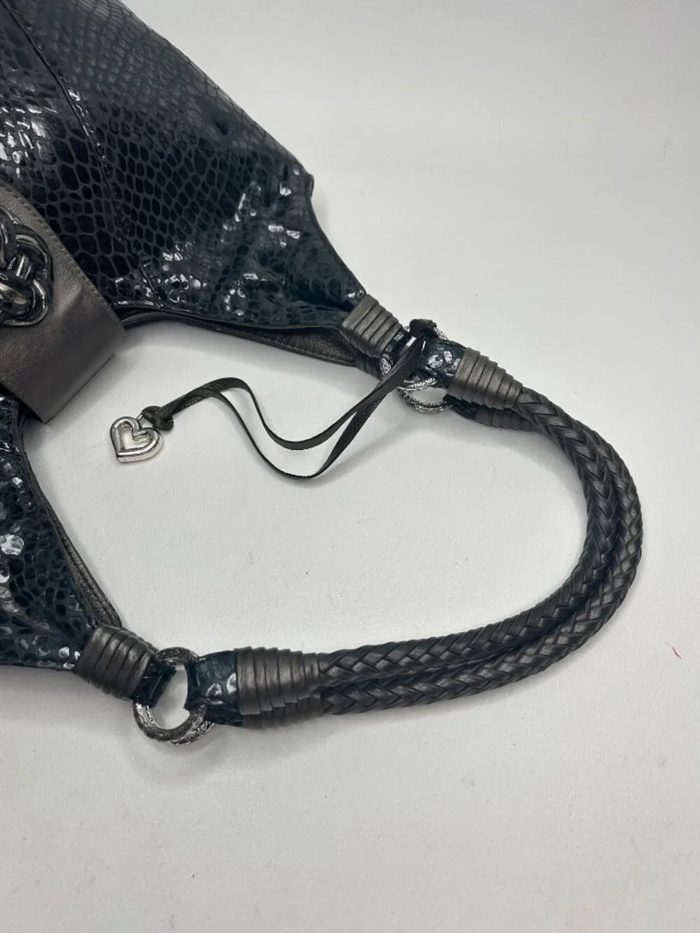 BRIGHTON Black Patent Snakeskin Embossed Leather Women's Hobo Shoulder Bag